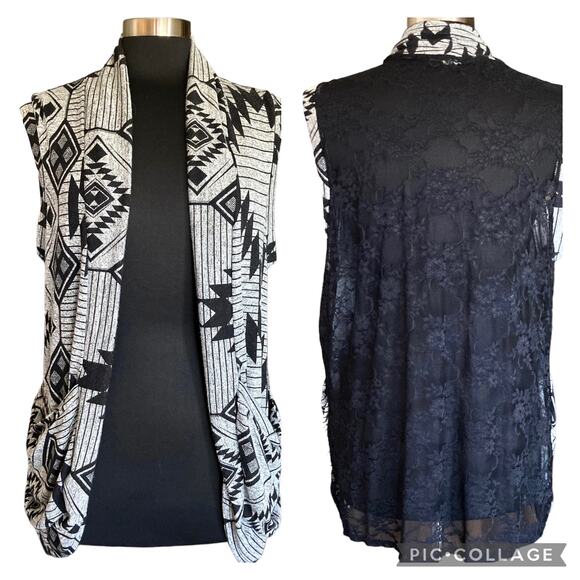 Multimedia Vest Cardigan Black & White Lace Back LARGE Southwest Western Cowgirl - Picture 1 of 7